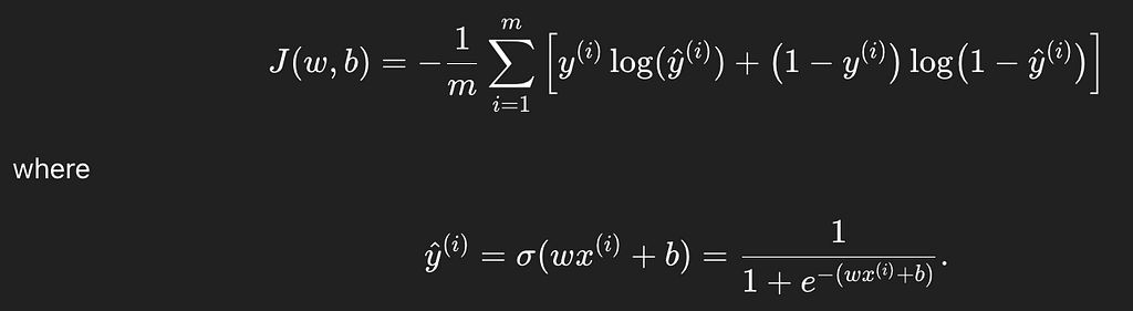 Cost function for logistic regression (for m training sets)